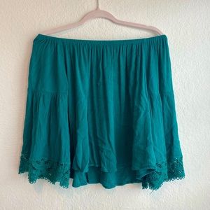 off the shoulder top with lace trim on sleeves